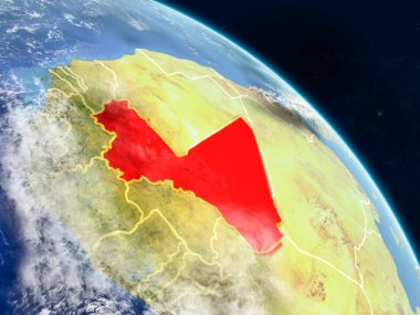 Mali gerçekçi modeli bir ülke sınırları ve detaylı gezegenin yüzey ve bulutlar Dünya gezegeni uzaydan. 3D çizim. Nasa tarafından döşenmiş bu görüntü unsurları.