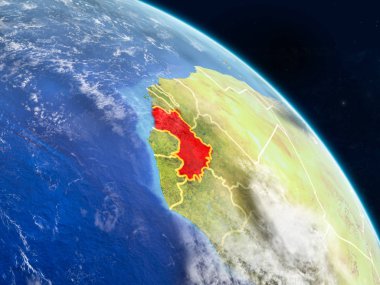 Gine gerçekçi modeli bir ülke sınırları ve detaylı gezegenin yüzey ve bulutlar Dünya gezegeni uzaydan. 3D çizim. Nasa tarafından döşenmiş bu görüntü unsurları.