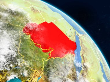 Sudan gerçekçi modeli bir ülke sınırları ve detaylı gezegenin yüzey ve bulutlar Dünya gezegeni uzaydan. 3D çizim. Nasa tarafından döşenmiş bu görüntü unsurları.
