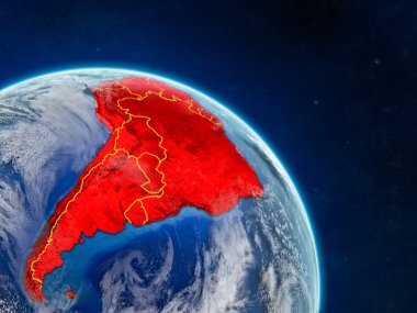 Gerçekçi bir model ülke sınırları ve detaylı gezegenin yüzey ve bulutlar Dünya gezegeni üzerinde yer--dan Güney Amerika. 3D çizim. Nasa tarafından döşenmiş bu görüntü unsurları.