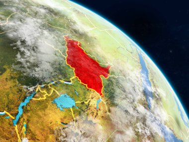 Güney Sudan gerçekçi modeli bir ülke sınırları ve detaylı gezegenin yüzey ve bulutlar Dünya gezegeni uzaydan. 3D çizim. Nasa tarafından döşenmiş bu görüntü unsurları.