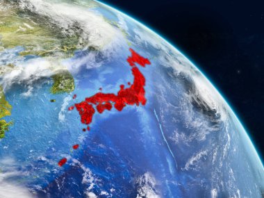 Gerçekçi modeli bir ülke sınırları ve detaylı gezegenin yüzey ve bulutlar Dünya gezegeni uzaydan Japonya. 3D çizim. Nasa tarafından döşenmiş bu görüntü unsurları.