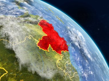 Venezuela gerçekçi modeli bir ülke sınırları ve detaylı gezegenin yüzey ve bulutlar Dünya gezegeni uzaydan. 3D çizim. Nasa tarafından döşenmiş bu görüntü unsurları.