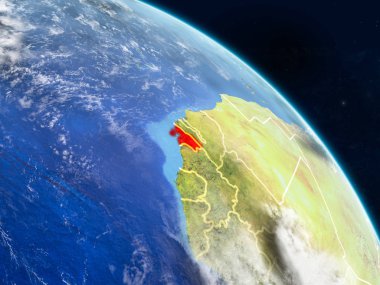 Gine-Bissau gerçekçi modeli bir ülke sınırları ve detaylı gezegenin yüzey ve bulutlar Dünya gezegeni uzaydan. 3D çizim. Nasa tarafından döşenmiş bu görüntü unsurları.