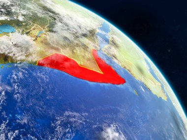 Somali gerçekçi modeli bir ülke sınırları ve detaylı gezegenin yüzey ve bulutlar Dünya gezegeni uzaydan. 3D çizim. Nasa tarafından döşenmiş bu görüntü unsurları.