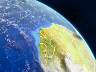 Gambiya gerçekçi modeli bir ülke sınırları ve detaylı gezegenin yüzey ve bulutlar Dünya gezegeni uzaydan. 3D çizim. Nasa tarafından döşenmiş bu görüntü unsurları.