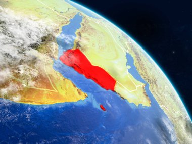 Yemen gerçekçi modeli bir ülke sınırları ve detaylı gezegenin yüzey ve bulutlar Dünya gezegeni uzaydan. 3D çizim. Nasa tarafından döşenmiş bu görüntü unsurları.
