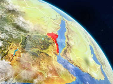 Eritre gerçekçi modeli bir ülke sınırları ve detaylı gezegenin yüzey ve bulutlar Dünya gezegeni uzaydan. 3D çizim. Nasa tarafından döşenmiş bu görüntü unsurları.