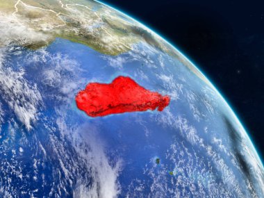 Madagaskar gerçekçi modeli bir ülke sınırları ve detaylı gezegenin yüzey ve bulutlar Dünya gezegeni uzaydan. 3D çizim. Nasa tarafından döşenmiş bu görüntü unsurları.