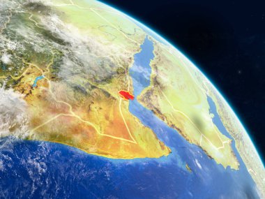 Cibuti gerçekçi modeli bir ülke sınırları ve detaylı gezegenin yüzey ve bulutlar Dünya gezegeni uzaydan. 3D çizim. Nasa tarafından döşenmiş bu görüntü unsurları.
