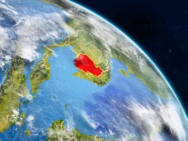 Kamboçya gerçekçi modeli bir ülke sınırları ve detaylı gezegenin yüzey ve bulutlar Dünya gezegeni uzaydan. 3D çizim. Nasa tarafından döşenmiş bu görüntü unsurları.