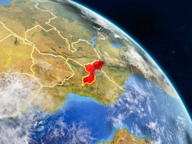 Malavi gerçekçi modeli bir ülke sınırları ve detaylı gezegenin yüzey ve bulutlar Dünya gezegeni uzaydan. 3D çizim. Nasa tarafından döşenmiş bu görüntü unsurları.