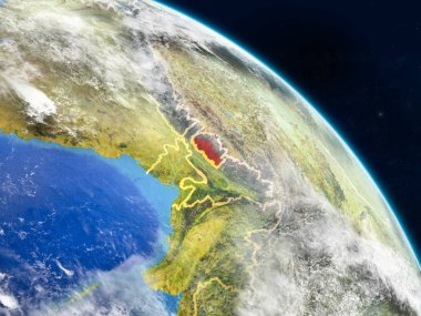 Bhutan gerçekçi modeli bir ülke sınırları ve detaylı gezegenin yüzey ve bulutlar Dünya gezegeni uzaydan. 3D çizim. Nasa tarafından döşenmiş bu görüntü unsurları.