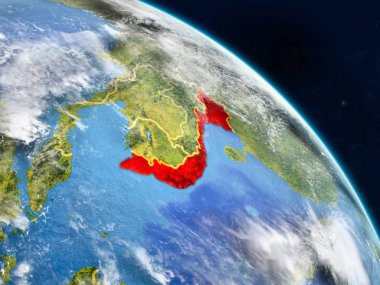 Vietnam gerçekçi modeli bir ülke sınırları ve detaylı gezegenin yüzey ve bulutlar Dünya gezegeni uzaydan. 3D çizim. Nasa tarafından döşenmiş bu görüntü unsurları.