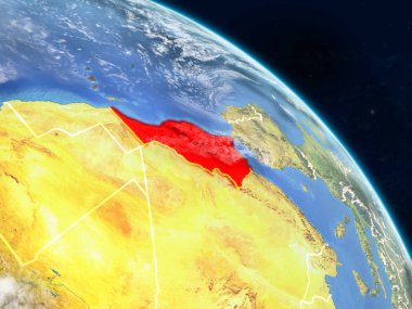 Fas gerçekçi modeli bir ülke sınırları ve detaylı gezegenin yüzey ve bulutlar Dünya gezegeni uzaydan. 3D çizim. Nasa tarafından döşenmiş bu görüntü unsurları.