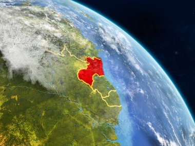Guyana gerçekçi modeli bir ülke sınırları ve detaylı gezegenin yüzey ve bulutlar Dünya gezegeni uzaydan. 3D çizim. Nasa tarafından döşenmiş bu görüntü unsurları.