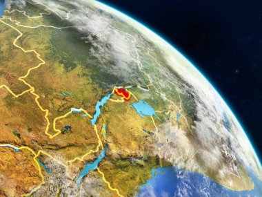 Ruanda gerçekçi modeli bir ülke sınırları ve detaylı gezegenin yüzey ve bulutlar Dünya gezegeni uzaydan. 3D çizim. Nasa tarafından döşenmiş bu görüntü unsurları.