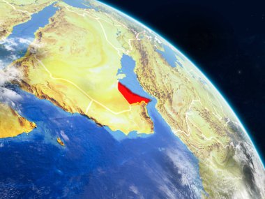 Birleşik Arap Emirlikleri gerçekçi modeli bir ülke sınırları ve detaylı gezegenin yüzey ve bulutlar Dünya gezegeni uzaydan. 3D çizim. Nasa tarafından döşenmiş bu görüntü unsurları.