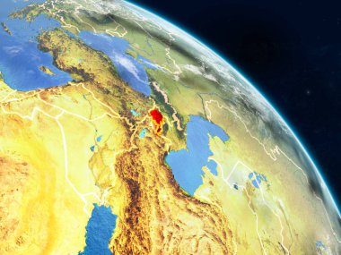 Ermenistan gerçekçi modeli bir ülke sınırları ve detaylı gezegenin yüzey ve bulutlar Dünya gezegeni uzaydan. 3D çizim. Nasa tarafından döşenmiş bu görüntü unsurları.