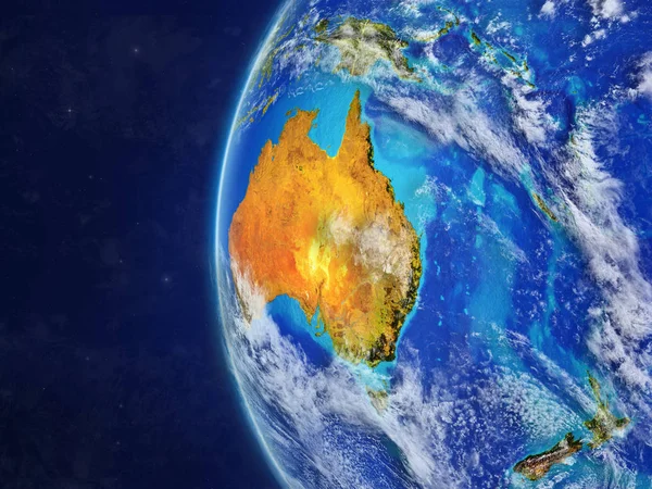 Australia from space on model of planet Earth with country borders and very detailed planet surface and clouds. 3D illustration. Elements of this image furnished by NASA.