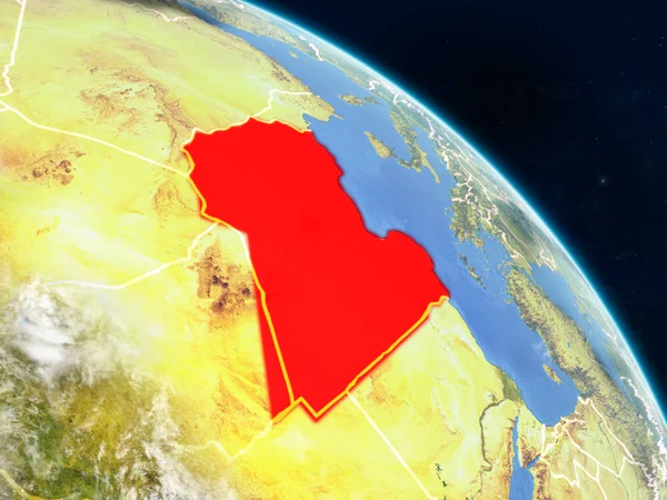 Libya gerçekçi modeli bir ülke sınırları ve detaylı gezegenin yüzey ve bulutlar Dünya gezegeni uzaydan. 3D çizim. Nasa tarafından döşenmiş bu görüntü unsurları.