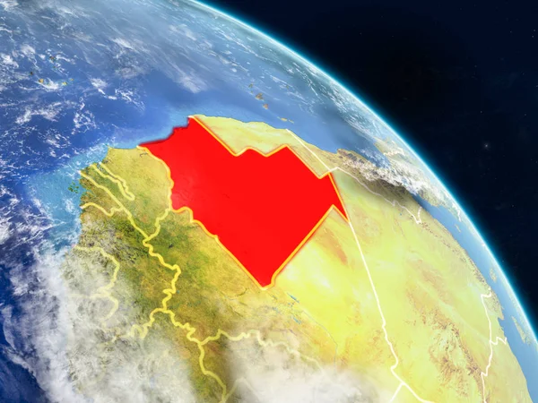 Moritanya gerçekçi modeli bir ülke sınırları ve detaylı gezegenin yüzey ve bulutlar Dünya gezegeni uzaydan. 3D çizim. Nasa tarafından döşenmiş bu görüntü unsurları.
