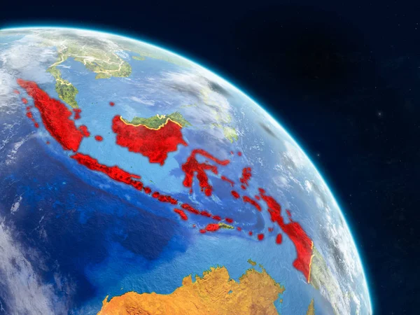 Endonezya gerçekçi modeli bir ülke sınırları ve detaylı gezegenin yüzey ve bulutlar Dünya gezegeni uzaydan. 3D çizim. Nasa tarafından döşenmiş bu görüntü unsurları.