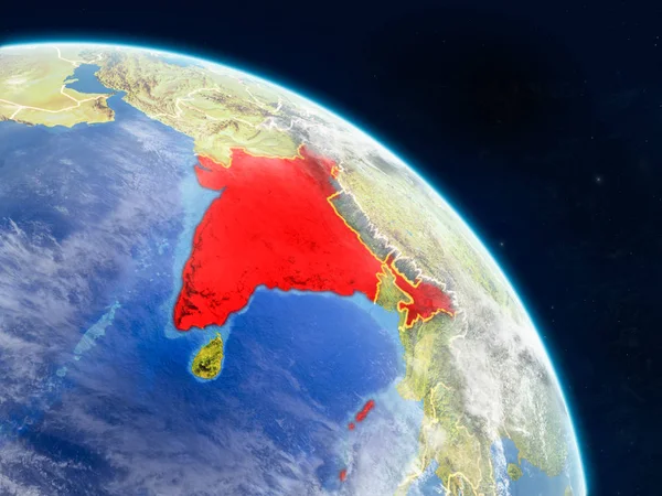 Gerçekçi bir model ülke sınırları ve detaylı gezegenin yüzey ve bulutlar Dünya gezegeni üzerinde alan Hindistan'dan. 3D çizim. Nasa tarafından döşenmiş bu görüntü unsurları.