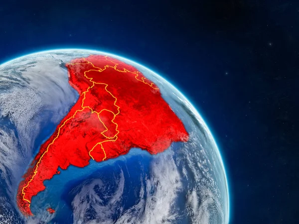 Gerçekçi bir model ülke sınırları ve detaylı gezegenin yüzey ve bulutlar Dünya gezegeni üzerinde yer--dan Güney Amerika. 3D çizim. Nasa tarafından döşenmiş bu görüntü unsurları.