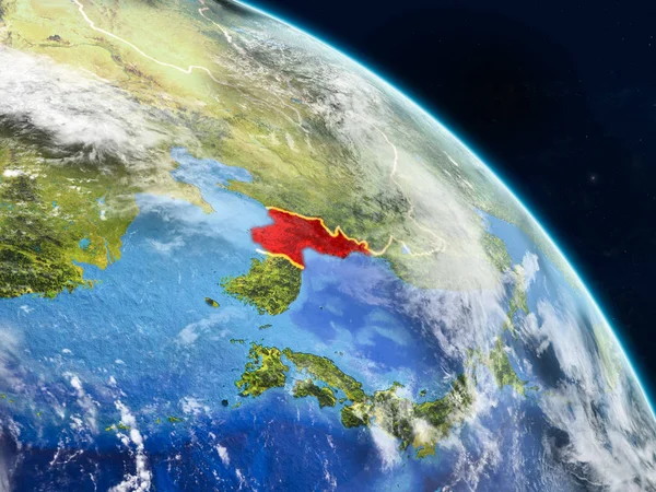 Kuzey Kore gerçekçi modeli bir ülke sınırları ve detaylı gezegenin yüzey ve bulutlar Dünya gezegeni uzaydan. 3D çizim. Nasa tarafından döşenmiş bu görüntü unsurları.