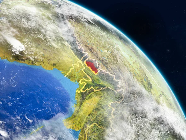 Bhutan gerçekçi modeli bir ülke sınırları ve detaylı gezegenin yüzey ve bulutlar Dünya gezegeni uzaydan. 3D çizim. Nasa tarafından döşenmiş bu görüntü unsurları.