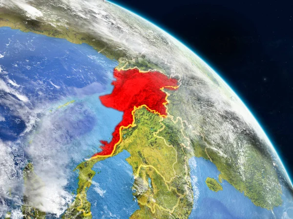 Myanmar gerçekçi modeli bir ülke sınırları ve detaylı gezegenin yüzey ve bulutlar Dünya gezegeni uzaydan. 3D çizim. Nasa tarafından döşenmiş bu görüntü unsurları.