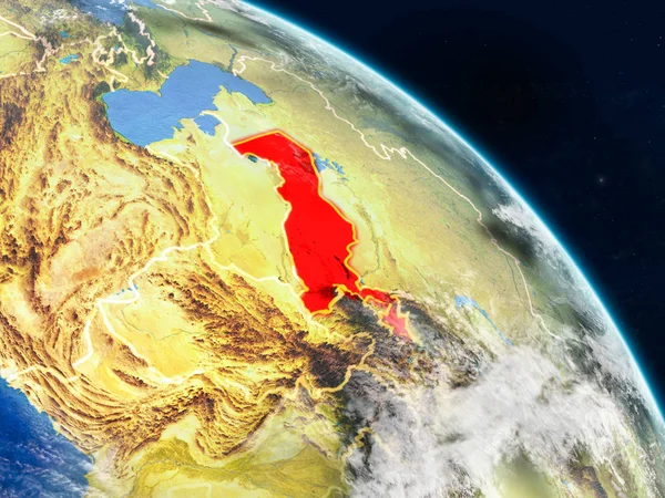 Özbekistan gerçekçi modeli bir ülke sınırları ve detaylı gezegenin yüzey ve bulutlar Dünya gezegeni uzaydan. 3D çizim. Nasa tarafından döşenmiş bu görüntü unsurları.