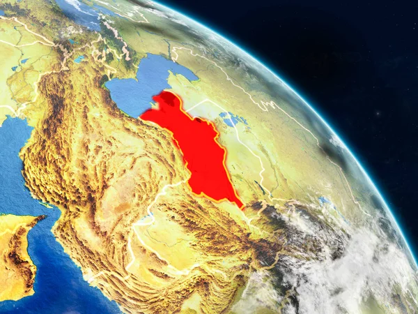 Türkmenistan gerçekçi modeli bir ülke sınırları ve detaylı gezegenin yüzey ve bulutlar Dünya gezegeni uzaydan. 3D çizim. Nasa tarafından döşenmiş bu görüntü unsurları.