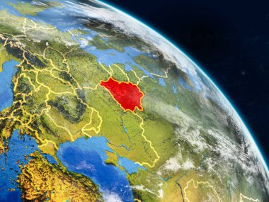 Beyaz Rusya gerçekçi modeli bir ülke sınırları ve detaylı gezegenin yüzey ve bulutlar Dünya gezegeni uzaydan. 3D çizim. Nasa tarafından döşenmiş bu görüntü unsurları.