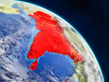 Güney Asya gerçekçi modeli bir ülke sınırları ve detaylı gezegenin yüzey ve bulutlar Dünya gezegeni uzaydan. 3D çizim. Nasa tarafından döşenmiş bu görüntü unsurları.