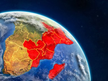 Doğu Afrika gerçekçi modeli bir ülke sınırları ve detaylı gezegenin yüzey ve bulutlar Dünya gezegeni uzaydan. 3D çizim. Nasa tarafından döşenmiş bu görüntü unsurları.