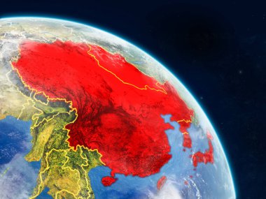Doğu Asya gerçekçi modeli bir ülke sınırları ve detaylı gezegenin yüzey ve bulutlar Dünya gezegeni uzaydan. 3D çizim. Nasa tarafından döşenmiş bu görüntü unsurları.
