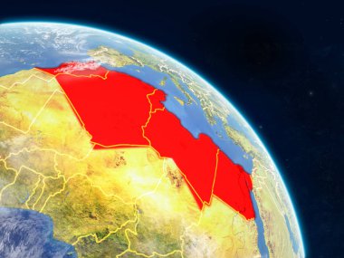 Kuzey Afrika gerçekçi modeli bir ülke sınırları ve detaylı gezegenin yüzey ve bulutlar Dünya gezegeni uzaydan. 3D çizim. Nasa tarafından döşenmiş bu görüntü unsurları.