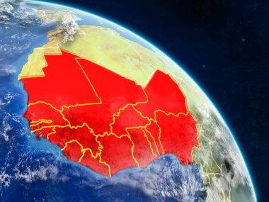 Batı Afrika gerçekçi modeli bir ülke sınırları ve detaylı gezegenin yüzey ve bulutlar Dünya gezegeni uzaydan. 3D çizim. Nasa tarafından döşenmiş bu görüntü unsurları.