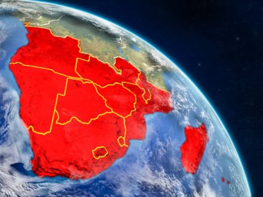 Güney Afrika gerçekçi modeli bir ülke sınırları ve detaylı gezegenin yüzey ve bulutlar Dünya gezegeni uzaydan. 3D çizim. Nasa tarafından döşenmiş bu görüntü unsurları.