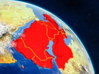 Batı Asya gerçekçi modeli bir ülke sınırları ve detaylı gezegenin yüzey ve bulutlar Dünya gezegeni uzaydan. 3D çizim. Nasa tarafından döşenmiş bu görüntü unsurları.