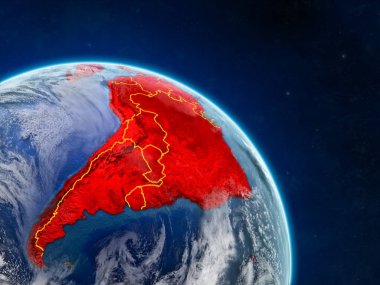Latin Amerika ülke sınırları ve detaylı gezegenin yüzey ve bulutlar Dünya gezegeninin gerçekçi model üzerinde uzaydan. 3D çizim. Nasa tarafından döşenmiş bu görüntü unsurları.