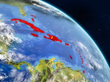 Karayipler gerçekçi modeli bir ülke sınırları ve detaylı gezegenin yüzey ve bulutlar Dünya gezegeni uzaydan. 3D çizim. Nasa tarafından döşenmiş bu görüntü unsurları.