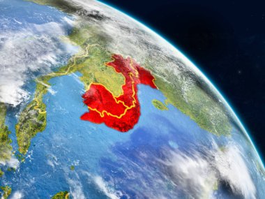Indochina gerçekçi modeli bir ülke sınırları ve detaylı gezegenin yüzey ve bulutlar Dünya gezegeni uzaydan. 3D çizim. Nasa tarafından döşenmiş bu görüntü unsurları.