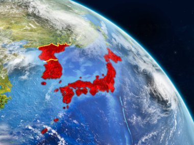 Japonya ve Kore gerçekçi modeli bir ülke sınırları ve detaylı gezegenin yüzey ve bulutlar Dünya gezegeni uzaydan. 3D çizim. Nasa tarafından döşenmiş bu görüntü unsurları.