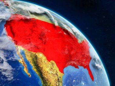 Amerika Birleşik Devletleri gerçekçi modeli bir ülke sınırları ve detaylı gezegenin yüzey ve bulutlar Dünya gezegeni uzaydan. 3D çizim. Nasa tarafından döşenmiş bu görüntü unsurları.