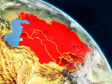 Orta Asya gerçekçi modeli bir ülke sınırları ve detaylı gezegenin yüzey ve bulutlar Dünya gezegeni uzaydan. 3D çizim. Nasa tarafından döşenmiş bu görüntü unsurları.