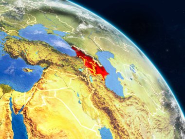 Gerçekçi modeli bir ülke sınırları ve detaylı gezegenin yüzey ve bulutlar Dünya gezegeni uzaydan Kafkasya'da. 3D çizim. Nasa tarafından döşenmiş bu görüntü unsurları.