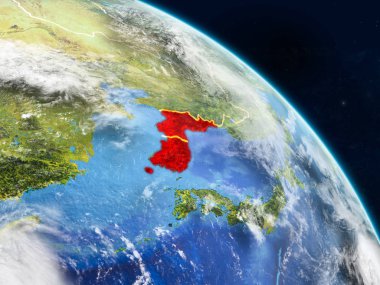 Kore gerçekçi modeli bir ülke sınırları ve detaylı gezegenin yüzey ve bulutlar Dünya gezegeni uzaydan. 3D çizim. Nasa tarafından döşenmiş bu görüntü unsurları.
